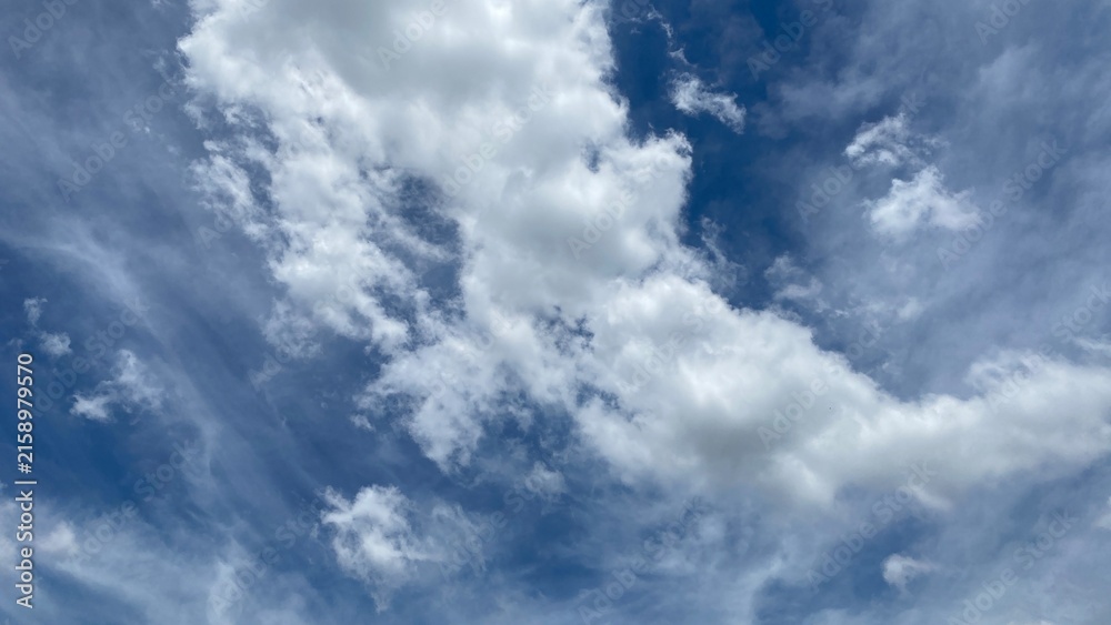 Fototapeta premium Beautiful Blue Sky Filled with Soft White Clouds and Wispy Cloud Layers