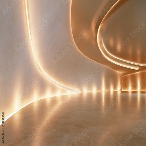 Futuristic Abstract Architecture Tunnel with Glowing Blue and Orange Light, Curved Digital Space, Motion, Texture and Radiant Cosmic Design Background