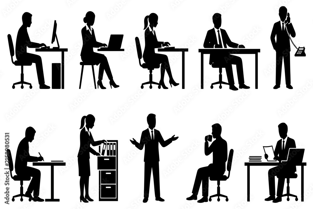 Fototapeta premium Office workers silhouettes vector brush design elements set