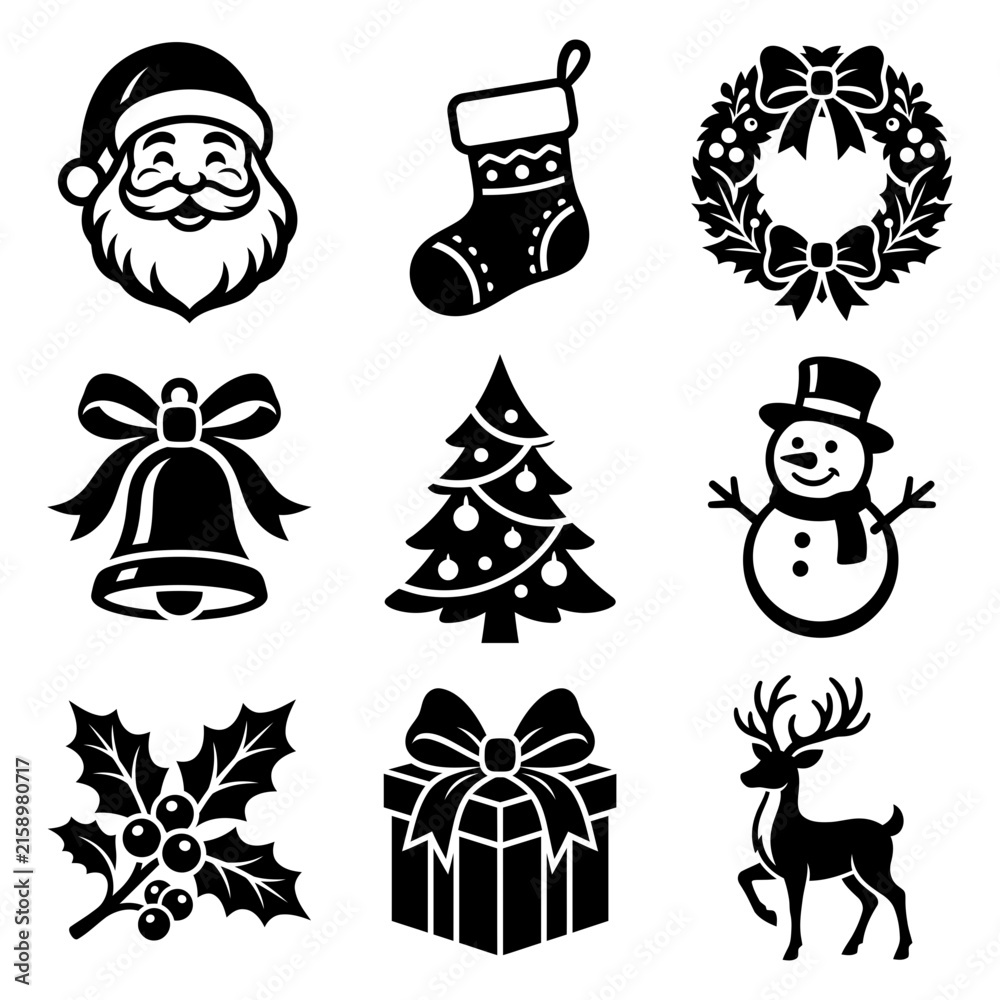 Fototapeta premium Christmas holiday icon collection with santa stocking wreath bell tree snowman gift and reindeer