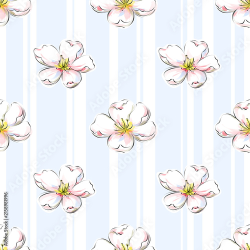 Delicate floral pattern, Light and airy floral pattern, watercolor flowers and blooming buds in soft gentle tones, romantic and elegant seamless floral design