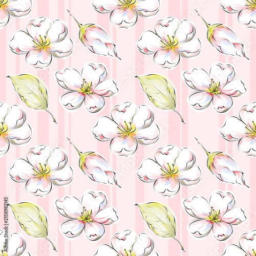 Delicate floral pattern, Light and airy floral pattern, watercolor flowers and blooming buds in soft gentle tones, romantic and elegant seamless floral design
