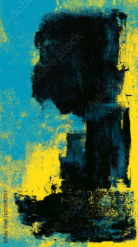 Abstract Grunge Oil Painting Texture with Black, Blue, and Yellow Brushstrokes