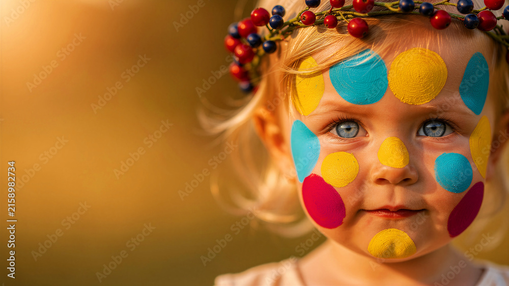 Fototapeta premium Little girl with colorful polka dots painted on her face looks at the camera. Toddler wearing a berry crown outdoors during golden hour. Childhood creativity concept for lifestyle marketing.
