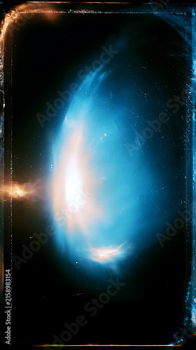 Abstract digital illustration of a glowing cosmic nebula with vibrant blue and orange light effects