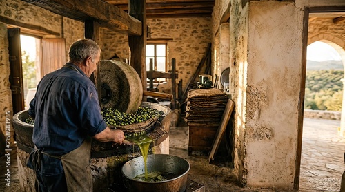 Olive oil production in a rustic setting with a worker
