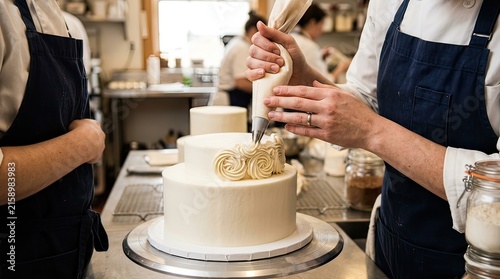 cake decorating in a bakery with pastry chefs