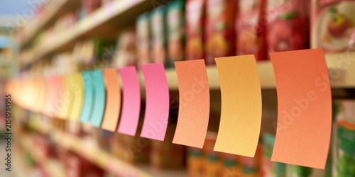 Supermarket price labels bending in perspective, rising costs concept, clean retail environment, no logos