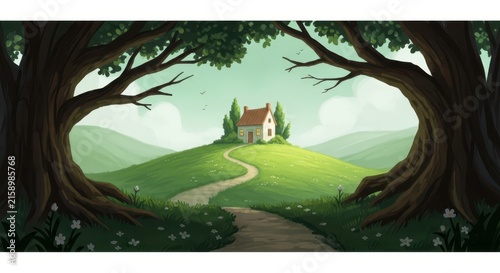Whimsical storybook cottage nestled on a lush green hill surrounded by majestic trees