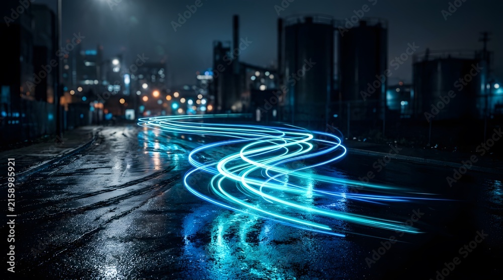 Fototapeta premium Night cityscape with light trails and industrial tanks reflecting in wet pavement
