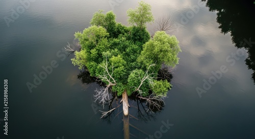 Lush green island with exposed roots floats serenely on dark misty water