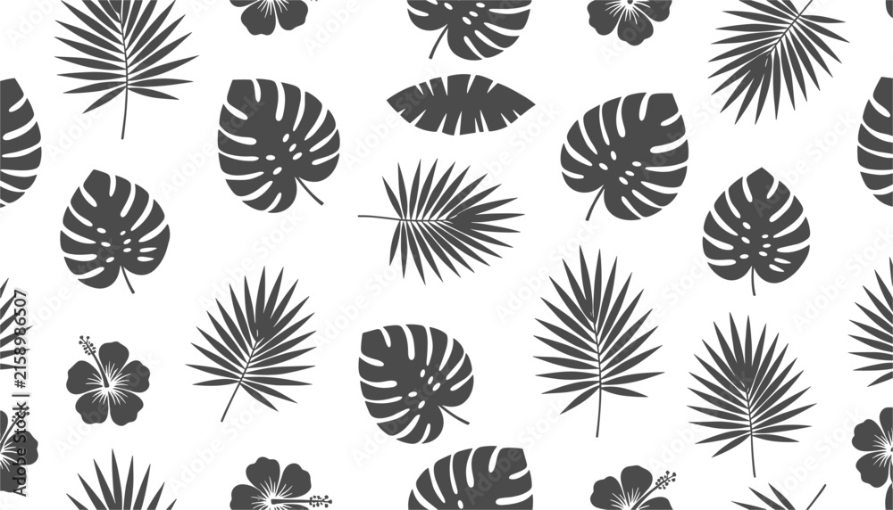 Naklejka premium Monochrome tropical pattern features black silhouettes of palm fronds, monstera leaves, and hibiscus flowers on a plain white background.