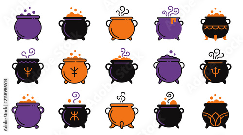 Halloween witch cauldrons with magical symbols and steaming potions vector icons set cauldron halloween collection seasonal illustration graphics