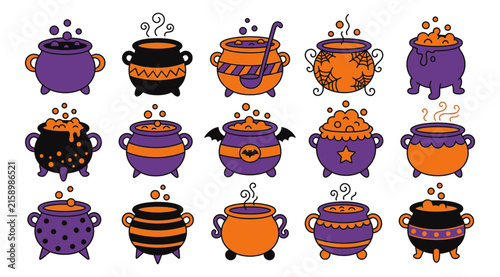 Various halloween witch cauldrons filled with magic potions and glowing bubbles isolated vector illustration art collection cauldron halloween collection mystical