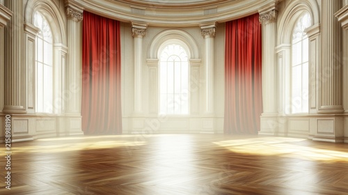 Elegant interior space with columns and red curtains