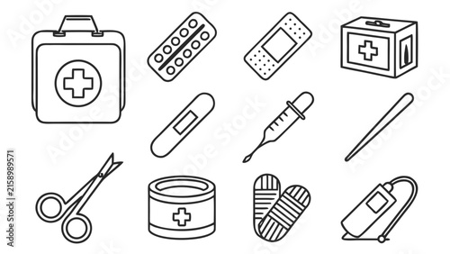 First aid kit and emergency medical supplies outline icons set with blister pack