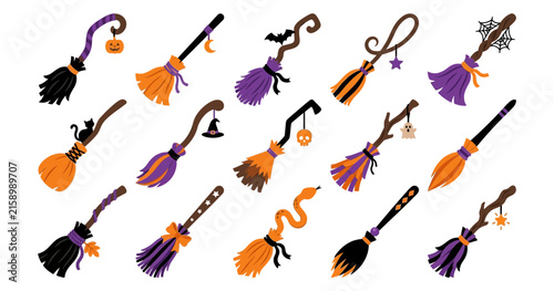Cute halloween witch brooms decorated with charms pumpkins bats and cats vector illustration set halloween collection illustration festival decoration mystical