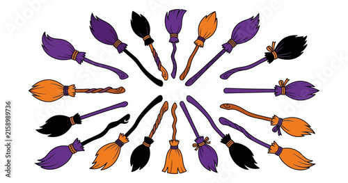 Fotografie Radial pattern of halloween witch broomsticks arranged in a circle isolated on w