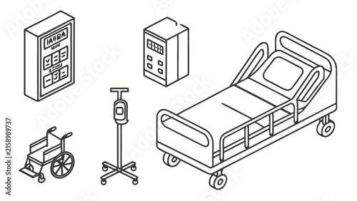 Medical ward equipment and hospital bed line art isometric vector illustration