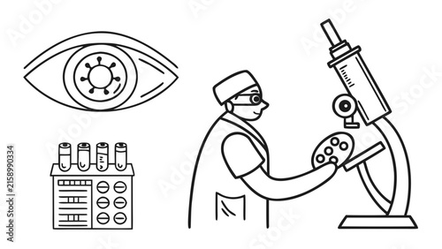 Medical laboratory research and eye examination line art icons with microscope