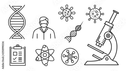 Set of medical and science outline icons including microscope DNA virus