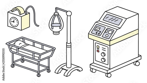 Isometric hospital ward equipment and neonatal care machine vector set
