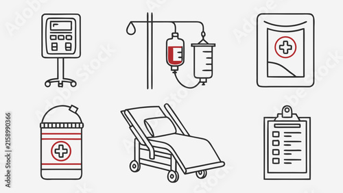 Medical equipment and hospital care icons featuring infusion pump blood bag