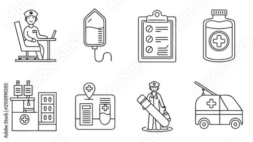 Medical and healthcare line art icons set showing nurse intravenous therapy