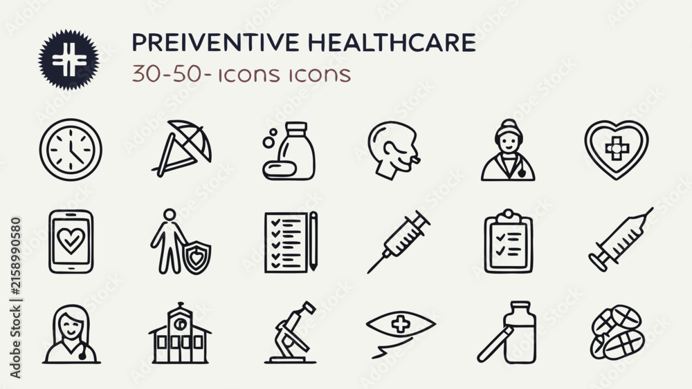 Fototapeta premium Preventive healthcare medical icons set outline line art vector illustration