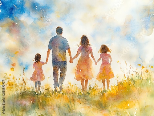 Watercolor painting of a family of four, parents and two daughters, walking handinhand