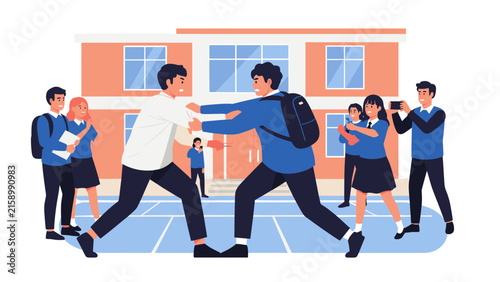 Angry school students fighting in the schoolyard while other classmates watch, laugh, record with phones, and encourage the conflict.