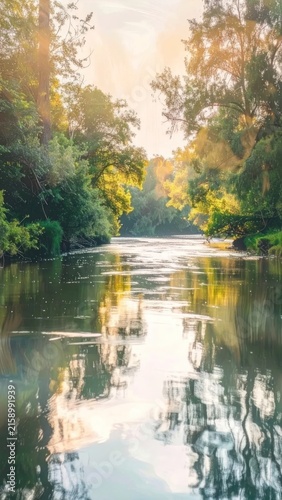 Calm river surface reflecting green forest and bright sky