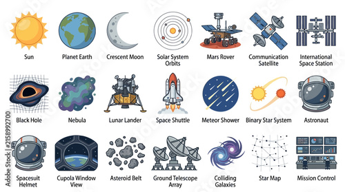 Obraz na plátne Collection of vector illustrations depicting celestial bodies and space explorat
