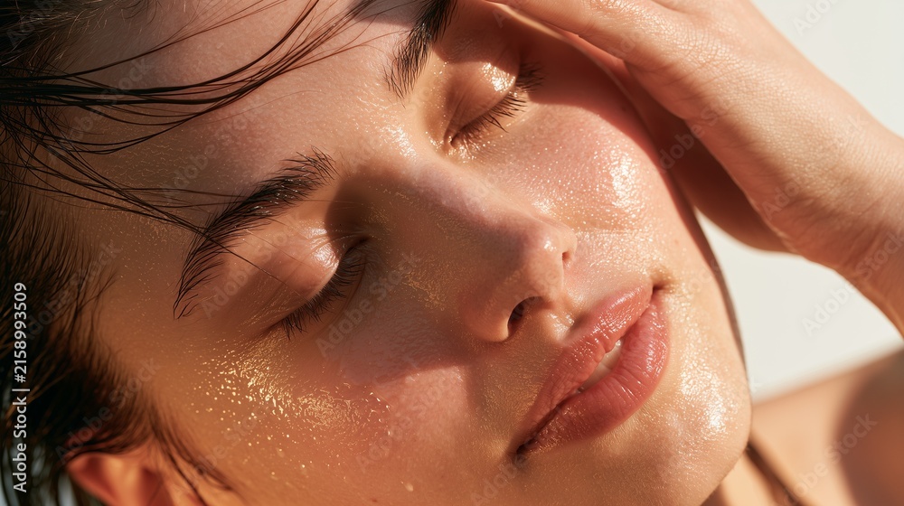Naklejka premium Freshly washed face illuminated by soft bright summer sunlight