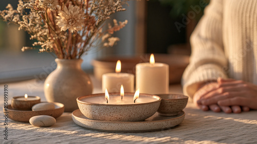 Meditation guide sets a warm candlelit altar with a single dried flower arrangement referencing an absent grandparent during a first Easter without them, a symbolic still life of