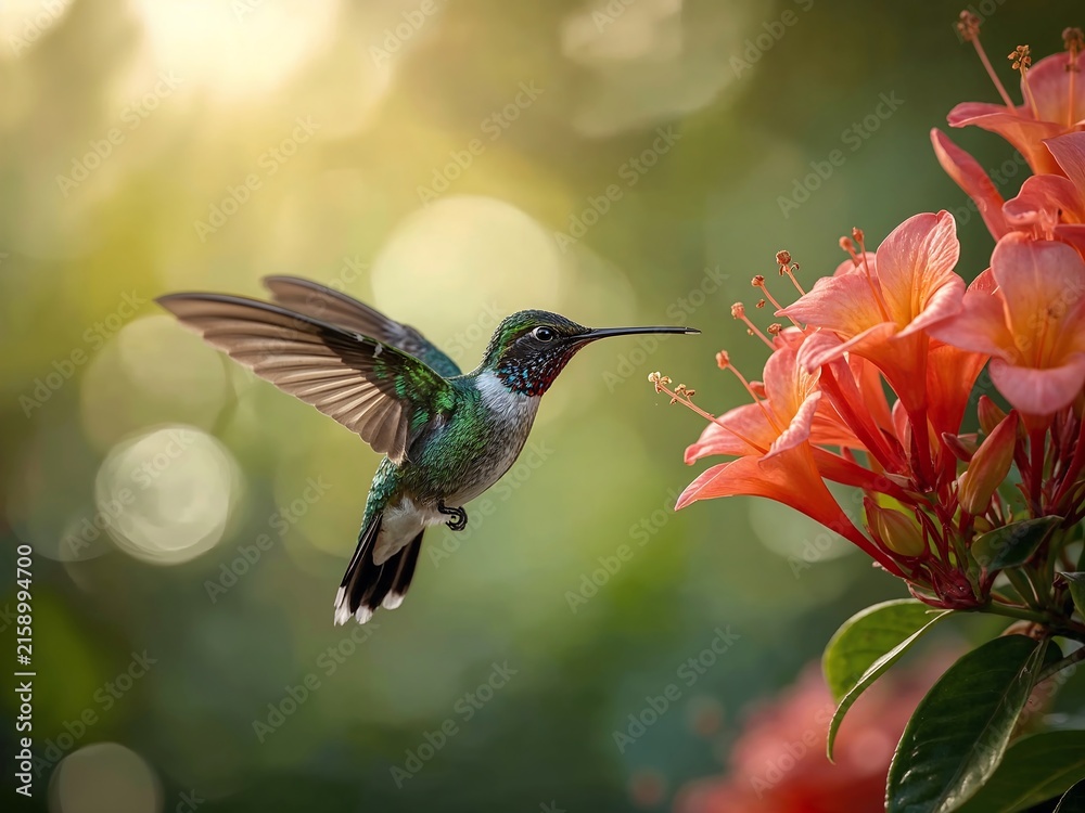 Naklejka premium Generative AI captures a vibrant hummingbird approaching a cluster of orange lilies