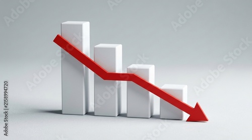 Red arrow graph shows decline and downward trend in business financial performance with white bar chart on gray background, representing economic recession.