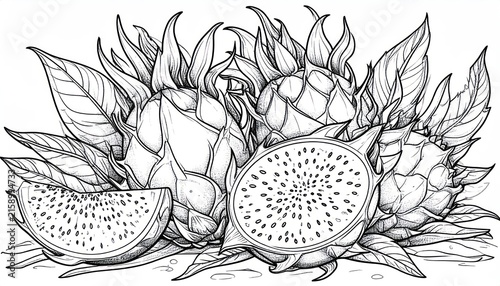 Composition of whole and sliced dragon fruits line art.