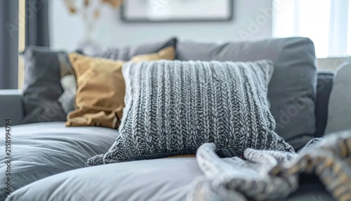Comfortable sofa with textured knit pillows and blanket.