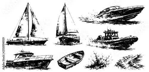 Set of black and white nautical boats and water splashes silhouettes with speedboat, sailboat, motorboat, and rowboat