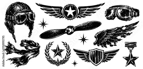 Vintage aviation elements collection retro pilot helmet, goggles, propeller, wings, and military medals in black silhouette