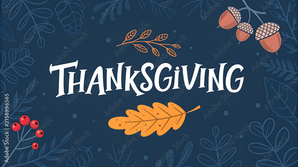 Fototapeta premium Thanksgiving Greeting Card Background with Fall Oak Leaves, Acorns, Red Berries, and Hand Drawn Typography
