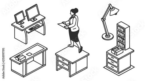 Isometric office furniture and workspace elements set featuring desks computers