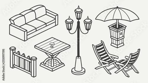 Outdoor patio furniture and garden decor set featuring sofa table street lamp