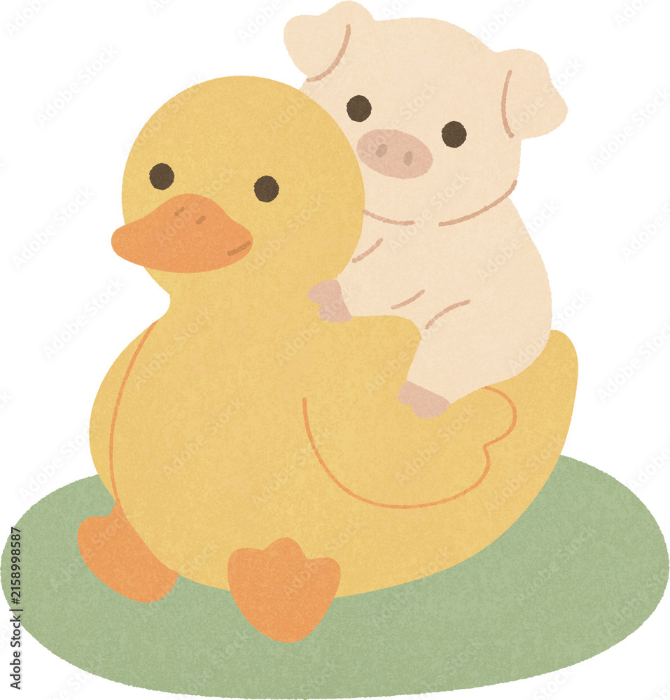 Fototapeta premium Cute little pig riding on a duck illustration