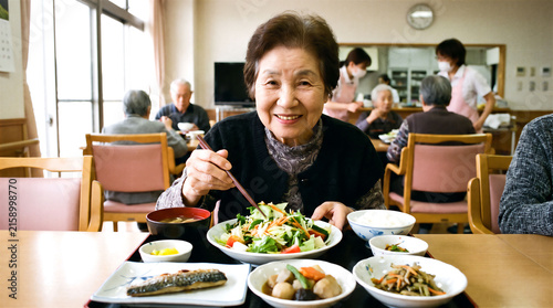 野菜サラダを食べる利用者