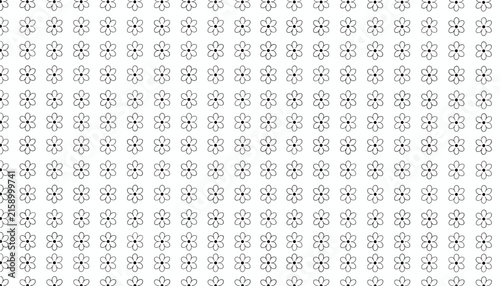 Seamless monochrome pattern of small hand-drawn flowers with six petals arranged in a neat repeating grid on a white background.