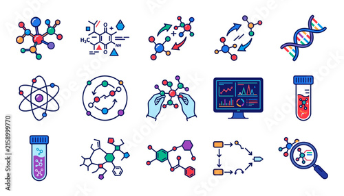 Scientific molecular research and biotechnology genetics vector icon set featuring molecules dna strands tubes and data analytics