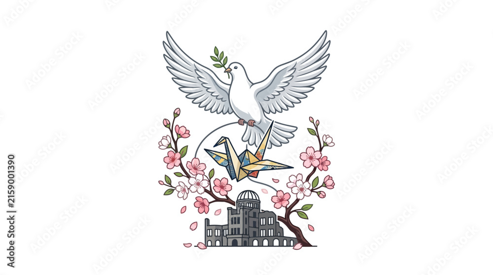 Naklejka premium Dove with olive branch, origami crane, cherry blossoms, and atomic bomb dome.