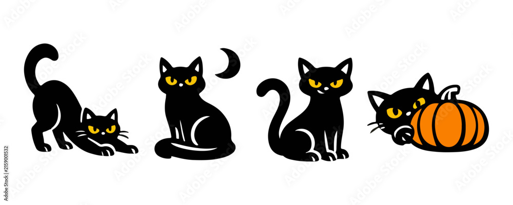 Obraz premium Halloween Black Cat Sticker Bundle – Spooky Cute Feline Vector Designs For Halloween